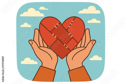 Hands holding a patchwork heart. Symbol of charity, love, and support. Concept of healing a broken heart, donation, and sincerity. Vector flat retro illustration for Valentine's day.