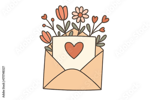Love letter with heart in open envelope. Romantic message concept. Cute bouquet of flowers. Hand drawn vector illustration for Valentine's day card or wedding invitation.