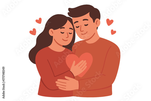 Romantic couple in love hugging. Man and woman embrace holding a big heart. Valentine's Day greeting card concept. Relationship, affection, togetherness vector illustration.