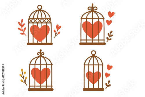 Romantic hearts inside birdcages collection. Symbol of protected love, feeling trapped in a relationship, or unrequited love. Vector icon set for Valentine's Day card.