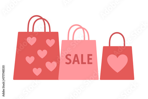 Valentine's Day sale vector concept with shopping bags. 14 February special offer, discount banner. Love, hearts, holiday shopping promotion. Flat cartoon illustration.