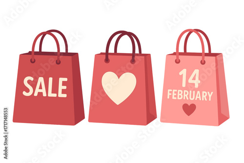 Valentine's day sale shopping bags with lettering and hearts. 14 February promotion banner concept. Love gift package illustration for retail discount and holiday offer.