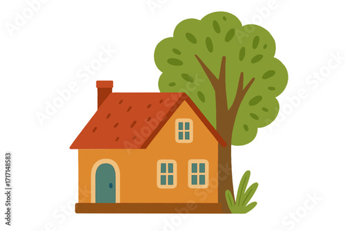 Cute cartoon house and tree vector illustration. Cozy cottage in flat design style. Concept of real estate, property, mortgage, home sweet home. Simple building architecture.