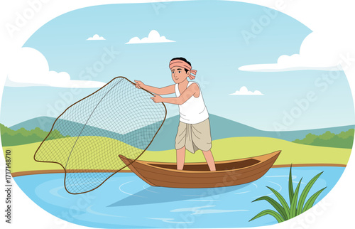Fisherman Casting Net from Boat – Traditional Fishing, River Life, and Village Occupation Illustration
