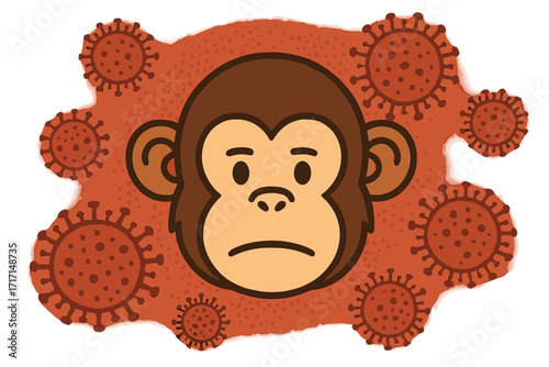 Monkeypox virus concept with sad monkey face. Mpox disease vector illustration. Zoonotic virus, animal infection, epidemic, pandemic, outbreak cartoon flat design symbol.