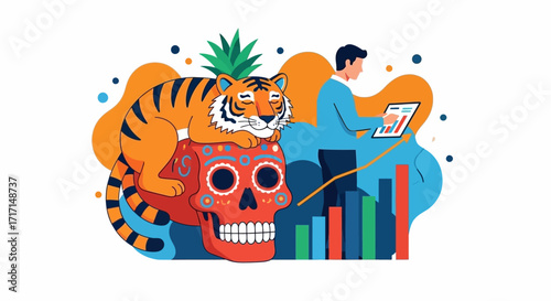Tiger resting on skull with businessman analyzing graphs and charts on tablet device