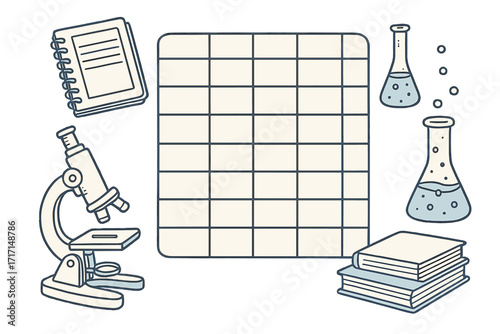 Hand drawn vector school schedule template. Doodle illustration of a planner with science supplies like a microscope, test tubes, books, and a notebook. Back to school concept.