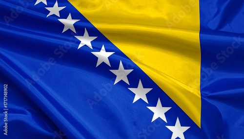 Bosnia and Herzegovina flag with yellow triangle, blue field, diagonal white stars