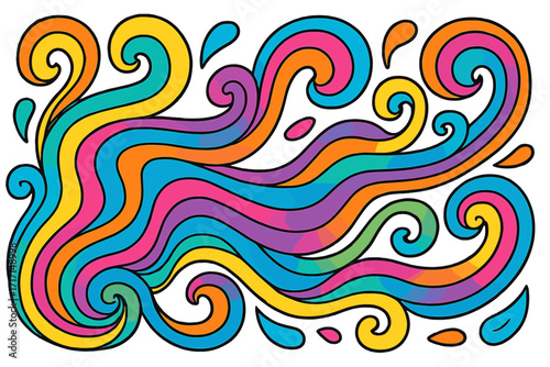 Psychedelic groovy wave background with liquid curls and drops. Retro 70s inspired abstract pattern. Vector hand drawn illustration with vibrant rainbow colors. Hippie art.