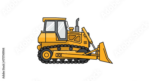 Cartoon illustration of a yellow bulldozer on a white background for construction sites and heavy