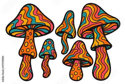 Set of retro 70s psychedelic trippy mushrooms. Colorful hallucinogenic fantasy mushroom collection. Groovy hippie hand drawn flat vector art illustration isolated on white.