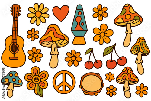 Retro 70s hippie groovy elements set. Hand drawn psychedelic funky mushrooms, flowers, guitar, lava lamp, peace sign. Vintage hippy style sticker collection. Cartoon vector.
