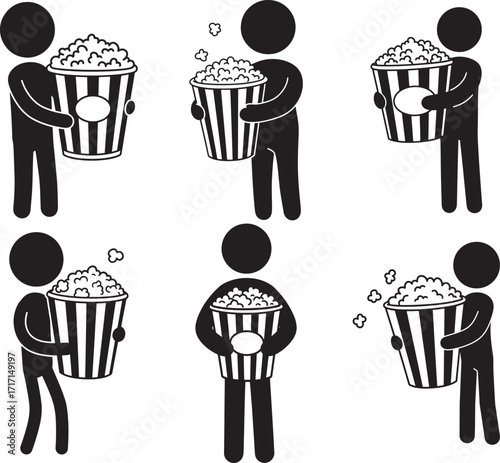 Collection of stick figure people holding buckets of popcorn silhouette