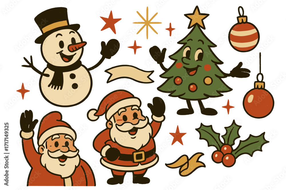 Naklejka premium Merry Christmas retro collection of 40s and 50s mascot characters. Cheerful Santa Claus, snowman, and Christmas tree in an old animation style. Vintage holiday vector elements.