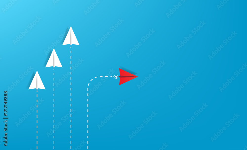 Αυτοκόλλητο Red paper plane out of line with white papers to change a new way, new idea and