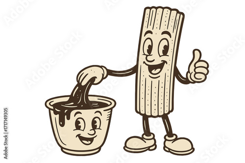 Retro churros character mascot dipping in hot chocolate sauce. Vintage 30s cartoon illustration for sweet shop. Yummy Spanish dessert personage. Isolated vector contour.