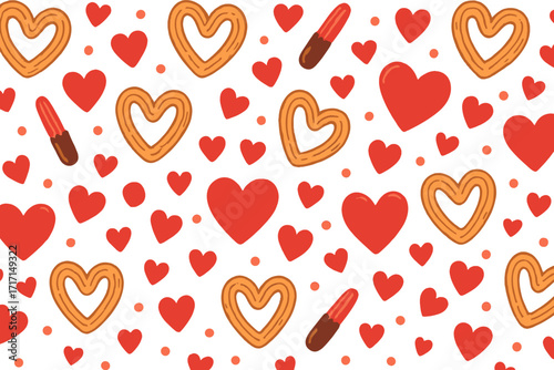 Romantic seamless pattern background with cute heart-shaped churros, love dessert concept, Valentine’s Day decor, sweet treat vector flat hand-drawn illustration