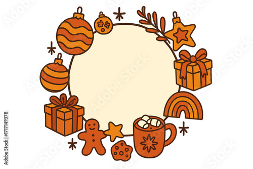 Retro 70s Groovy Christmas Round Frame with Baubles, Gifts, Cocoa Mug with Marshmallows, Gingerbread, Cookies, Rainbow Toy and Festive Holiday Elements Vector