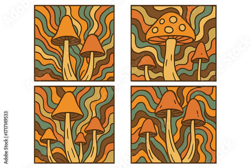 Set of hipster retro psychedelic 70s style posters with groovy abstract backgrounds, colorful mushrooms, vintage wave patterns, and trippy design elements for cool art collections