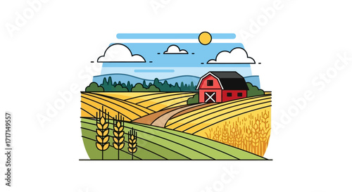 Stylized rural landscape illustration with a barn and golden wheat fields under a bright sun