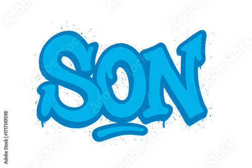 Son graffiti text in vibrant blue spray paint style, street art wild style lettering with textured urban vandal vector illustration for t-shirt design and creative typography