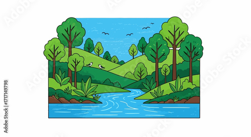 Tranquil riverside illustration with lush trees hills and birds in a peaceful outdoor setting