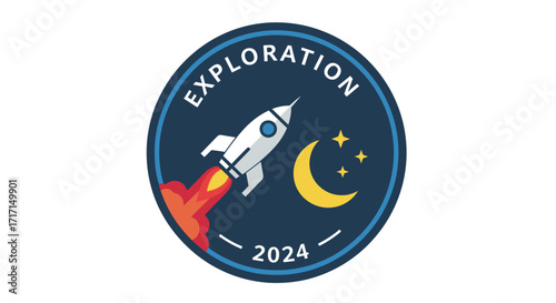 Exploration 2024 logo featuring a rocket moon and stars for space themed projects