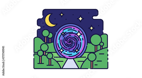 Magical portal in a whimsical landscape under a starry night sky illustration
