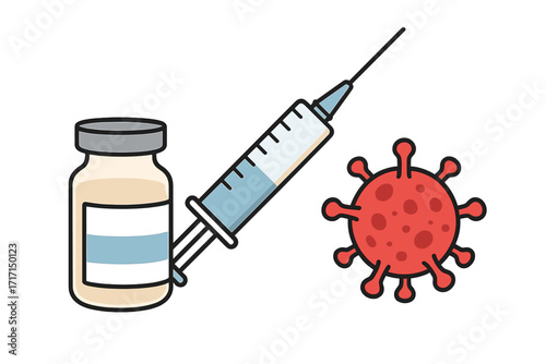 Vaccination against monkeypox virus with syringe and vial. Monkeypox virus infection prevention, vaccine injection, disease immunity concept, medical vector illustration