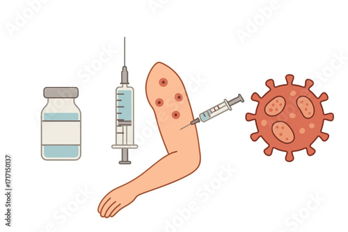 Vaccination against monkeypox virus with syringe and vial, monkeypox virus disease infection prevention, arm injection with rash, flat vector illustration medical concept