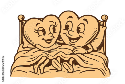 Retro Valentine cartoon couple of heart characters lying on bed, vintage comic style vector illustration, happy love hearts couple in cozy embrace, romantic design