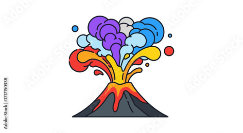 Vibrant volcano eruption graphic illustration with colorful smoke and lava details