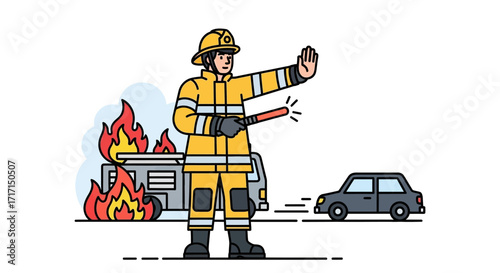 Brave Firefighter Halting Traffic Near a Burning Vehicle Illustration Design