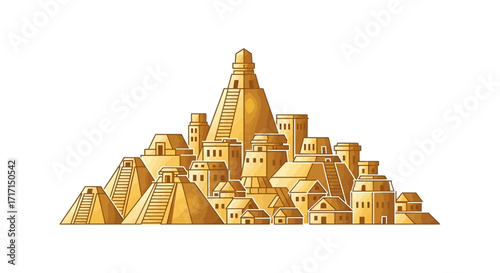 Ancient Mayan city illustration with pyramids and buildings on a white background