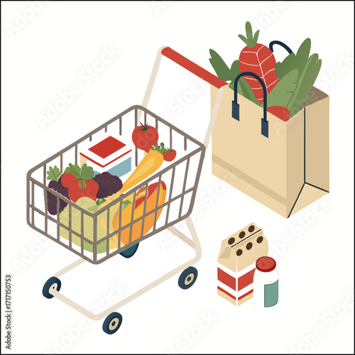 Grocery bags set. plastic and paper packages, supermarket basket with food packs, cans, bread, milk products. flat vector illustrations for shopping, food delivery, charity concept.