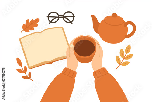 Top view female hands holding cup of tea with open book eyeglasses and teapot cozy autumn reading concept flat vector illustration warm fall moment relaxation and comfort drink tea and read