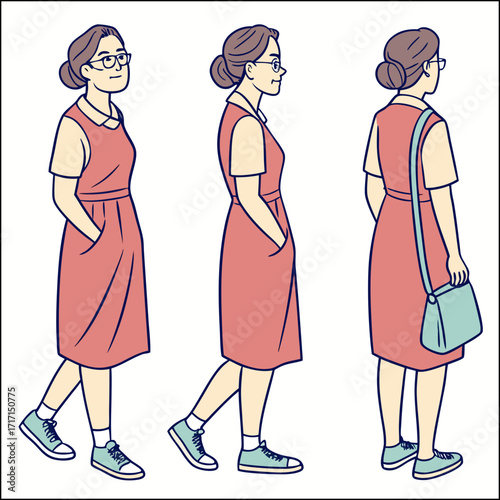 Hand drawn woman walking drawing illustration