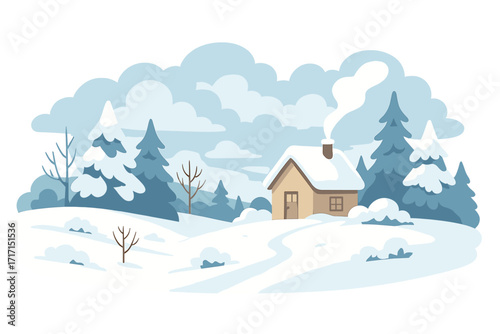 Winter meadow landscape with cozy snow-covered house and chimney smoke, scenic snow terrain with pine and bare trees, cloudy sky, flat style vector illustration, cartoon nature scene