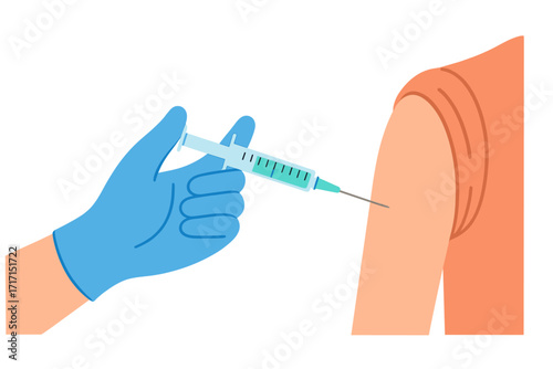 Doctor hand in blue glove with syringe giving vaccine injection to patient shoulder. Concept of vaccination, immunization, healthcare. Covid-19, flu shot. Coronavirus prevention.