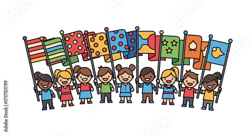 Diverse group of children marching together holding colorful flags of different designs