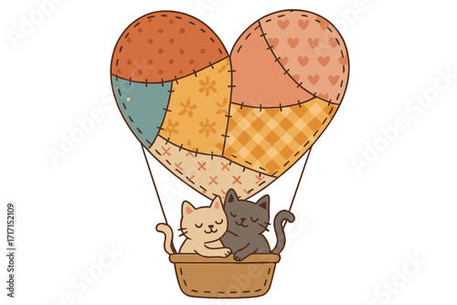 Cats couple in love hugging on romantic journey in a patchwork heart hot air balloon. Cute cartoon vector for Valentine's Day greeting card, anniversary or wedding invitation.