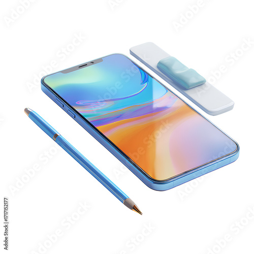 Smartphone with stylus pen beside it, transparent background 