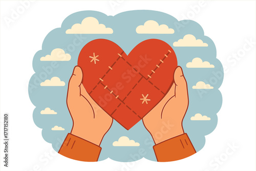 Hands giving red patchwork heart. Vector flat retro illustration. Holding heart in hands. Symbol of charity, love, support, donation, hope. Mending a broken heart.