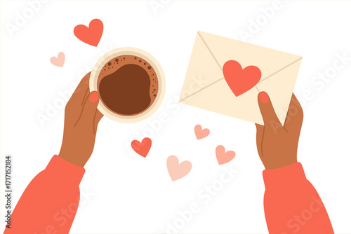Valentine's Day greeting card. Female hands holding a love letter and coffee cup. Top view flat lay vector illustration. Romance, affection, morning concept for invitation.