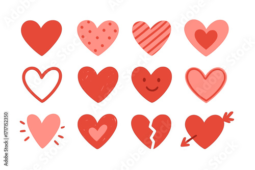 Hearts stickers set for Valentine's day. Love symbol collection. Romantic hand drawn clipart. Cute flat icons for card, web, pattern. Broken heart, arrow, smile face. Love.