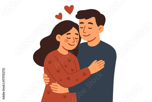 Romantic couple in love hugging. Happy man and woman relationship concept. Boyfriend and girlfriend embrace for Valentine's day. Flat vector illustration of a love story.