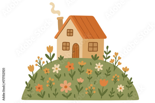 Cozy house on flower hill with hand-drawn lettering "There's no place like home" banner, warm family home illustration, floral nature scene, kids room decor, vector art