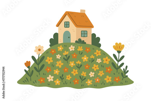 Cozy house on flower hill with hand-drawn lettering typography banner "There's no place like home" warm vector illustration for prints kids room decor peaceful countryside landscape
