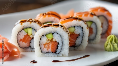 Delicious sushi rolls with salmon, avocado, and sesame seeds are ready to be served, perfect for a healthy lunch or dinner at your favorite restaurant