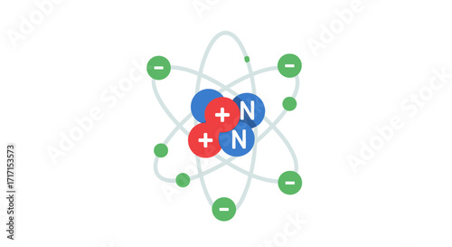 Illustration of an atom with protons, neutrons and electrons orbiting nucleus for scientific